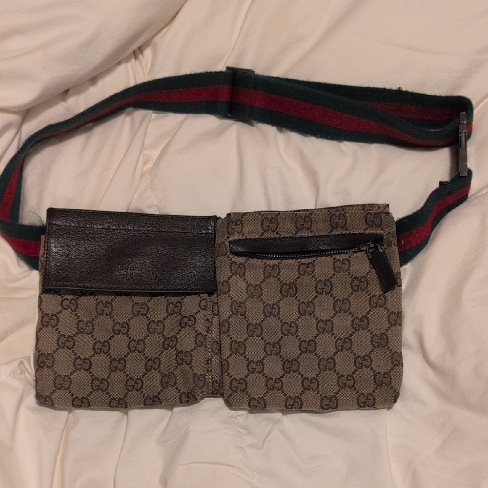Designer Monogram Canvas Waist Bag in Brown with Green-Red Strap